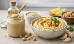 Pyszny hummus z ciecierzycy, oliwy i czosnku. W słoiku kremowe tahini, czyli pasta sezamowa, kluczowy składnik.