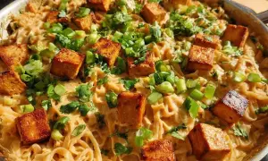 Pyszny makaron z tofu w kremowym sosie, posypany szczypiorkiem i kolendrą. Danie wygląda apetycznie i sycąco.