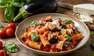 Pyszne danie pasta alla norma z bakłażanem, pomidorami i bazylią, posypane parmezanem.
