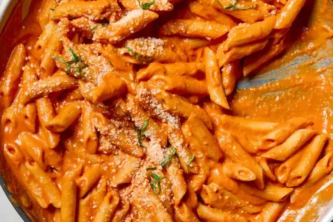 Penne alla vodka w kremowym, pomarańczowym sosie, posypane parmezanem i bazylią. Pyszne danie gotowe do podania.