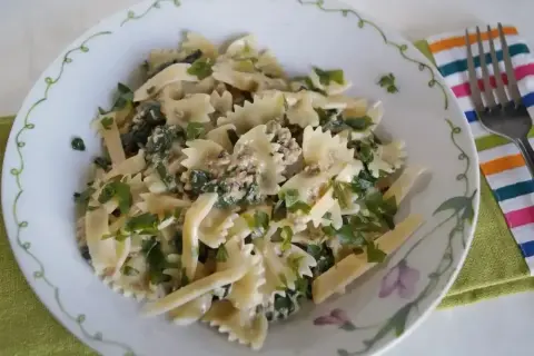 Pyszny makaron farfalle z tuńczykiem i zielonymi ziołami, podany na talerzu z ozdobnym brzegiem.