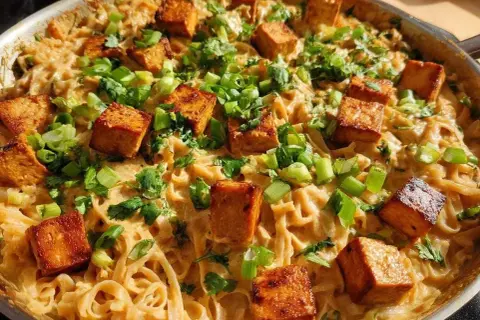 Pyszny makaron z tofu w kremowym sosie, posypany szczypiorkiem i kolendrą. Danie wygląda apetycznie i sycąco.