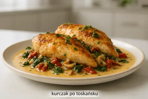 Dwa soczyste kawałki kurczaka w kremowym sosie z suszonymi pomidorami i szpinakiem. Pyszny kurczak po toskańsku, posypany szczypiorkiem.