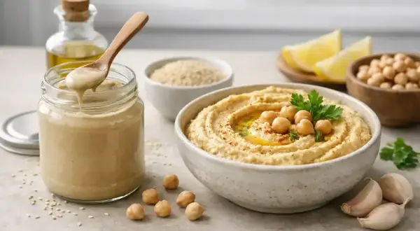 Pyszny hummus z ciecierzycy, oliwy i czosnku. W słoiku kremowe tahini, czyli pasta sezamowa, kluczowy składnik.