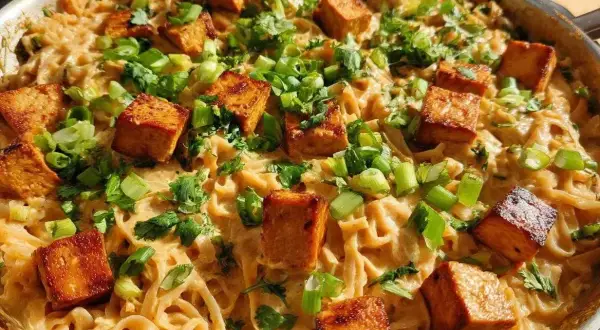 Pyszny makaron z tofu w kremowym sosie, posypany szczypiorkiem i kolendrą. Danie wygląda apetycznie i sycąco.