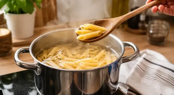 Gotowy przepis na makaron: penne gotuje się w garnku, a drewniana łyżka wyciąga porcję.