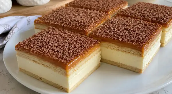 Pyszne ciasto krówka z kremem i karmelem, posypane czekoladą. Idealne na deser.