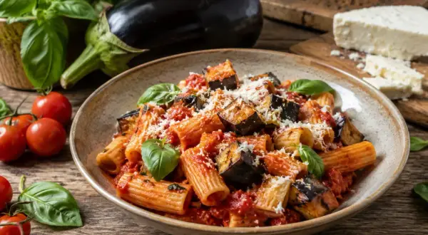 Pyszne danie pasta alla norma z bakłażanem, pomidorami i bazylią, posypane parmezanem.
