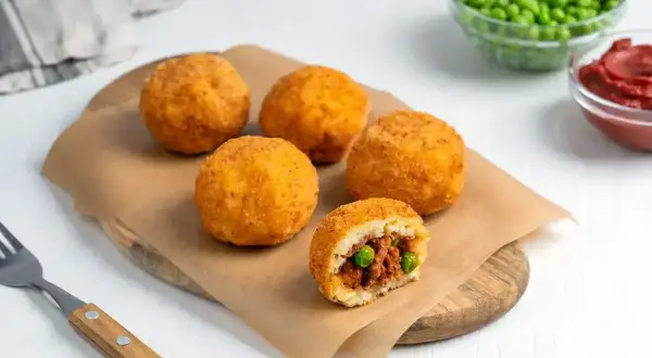 Arancini co to? Złociste kulki ryżowe z mięsem i groszkiem, chrupiące na zewnątrz, soczyste w środku. Idealna przekąska.