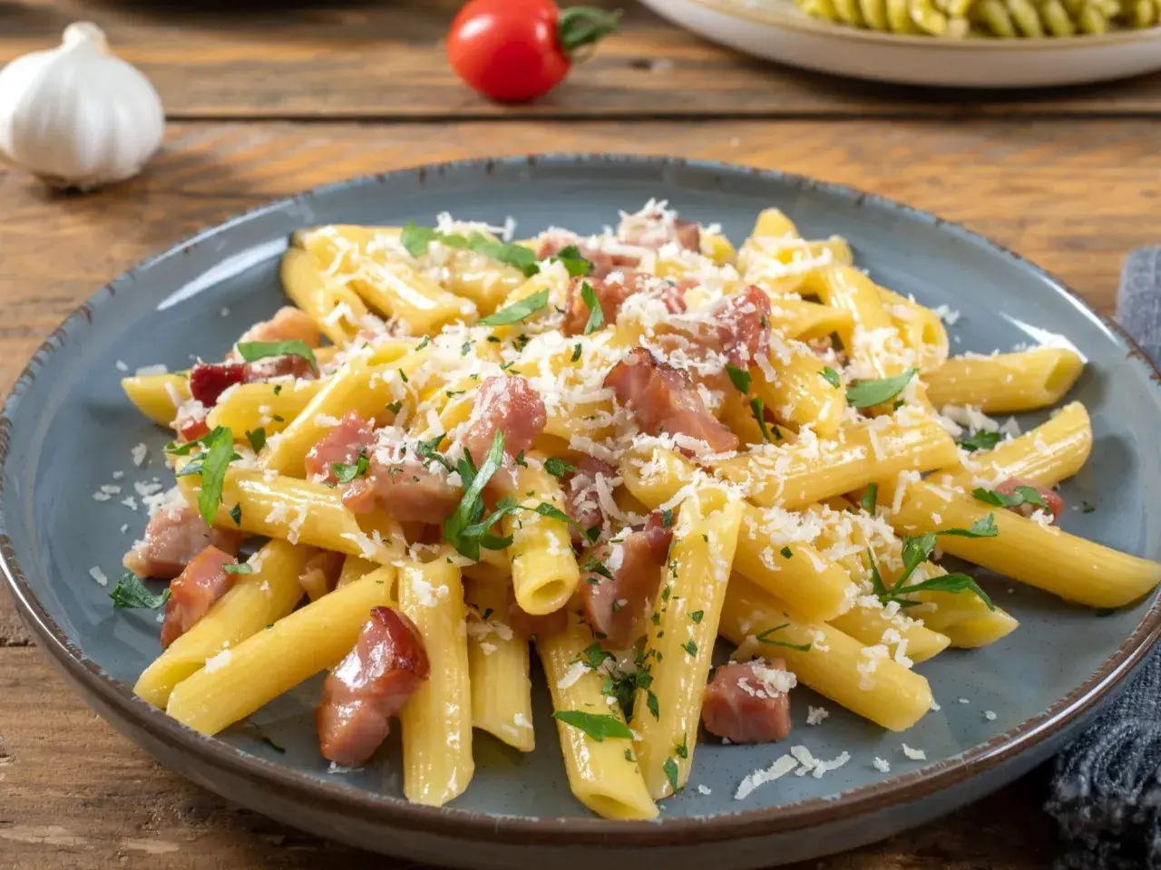 Penne rigate z chrupiącym boczkiem, posypane parmezanem i natką pietruszki. Idealne makaron z boczkiem na szybki obiad.