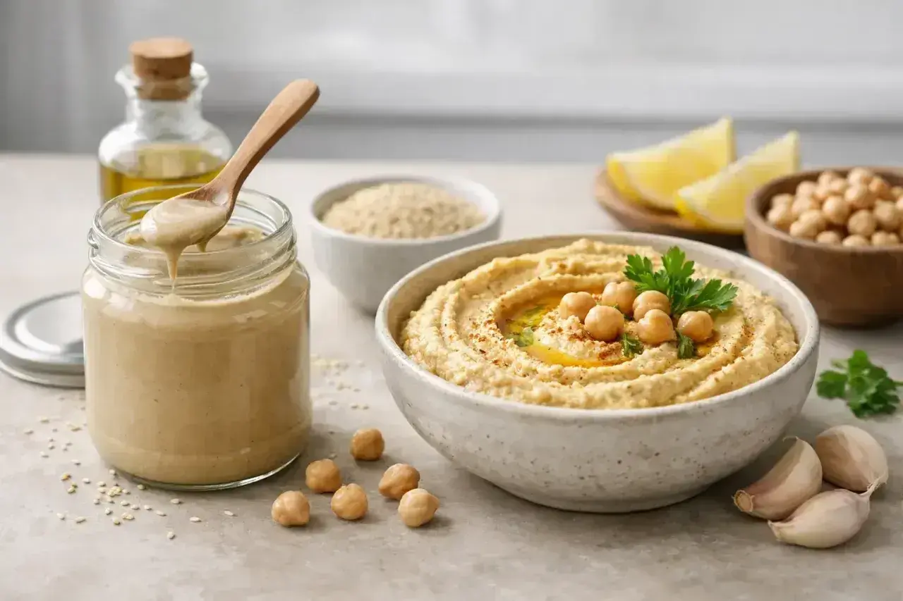 Pyszny hummus z ciecierzycy, oliwy i czosnku. W słoiku kremowe tahini, czyli pasta sezamowa, kluczowy składnik.