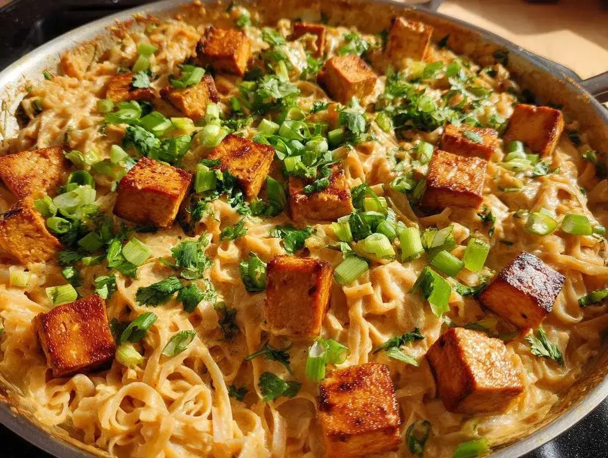 Pyszny makaron z tofu w kremowym sosie, posypany szczypiorkiem i kolendrą. Danie wygląda apetycznie i sycąco.