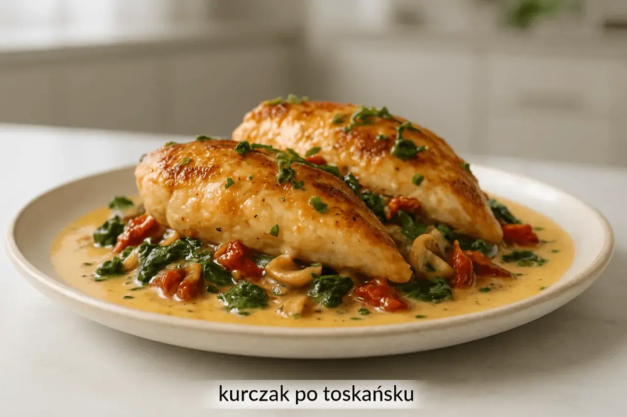 Dwa soczyste kawałki kurczaka w kremowym sosie z suszonymi pomidorami i szpinakiem. Pyszny kurczak po toskańsku, posypany szczypiorkiem.