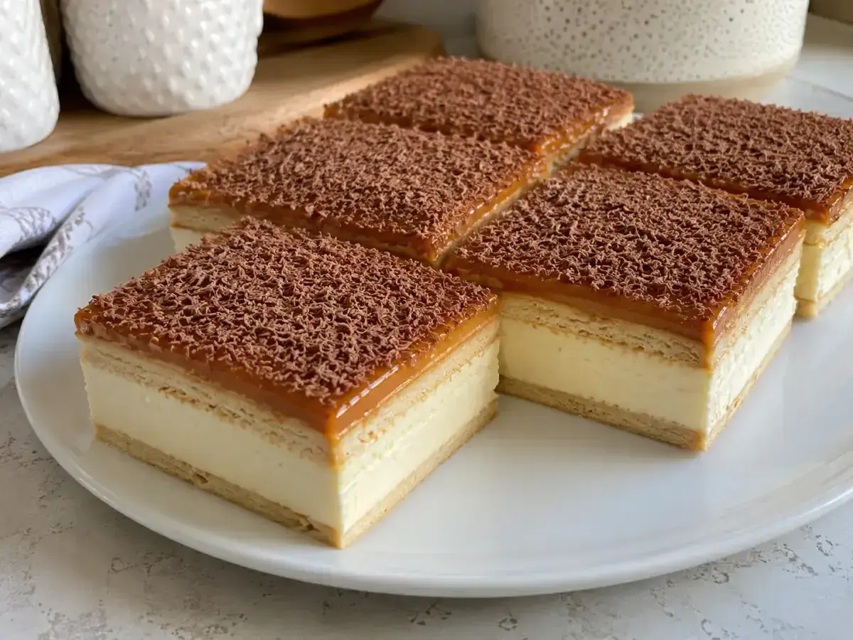 Pyszne ciasto krówka z kremem i karmelem, posypane czekoladą. Idealne na deser.