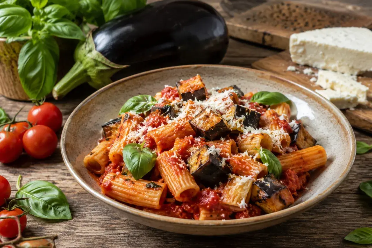 Pyszne danie pasta alla norma z bakłażanem, pomidorami i bazylią, posypane parmezanem.