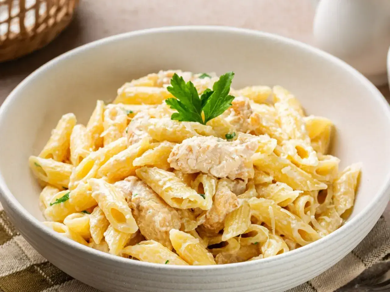 Pyszny makaron penne w kremowym sosie z kawałkami kurczaka, udekorowany natką pietruszki. Idealny na szybki obiad.