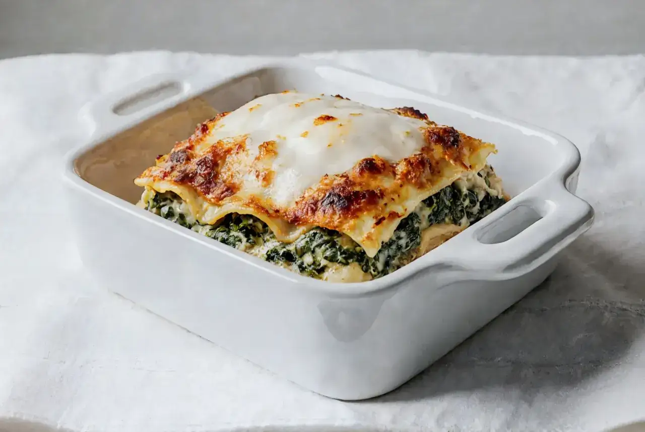 Pyszne lasagne ze szpinakiem, zapieczone pod złotym serem, w białej ceramicznej formie.