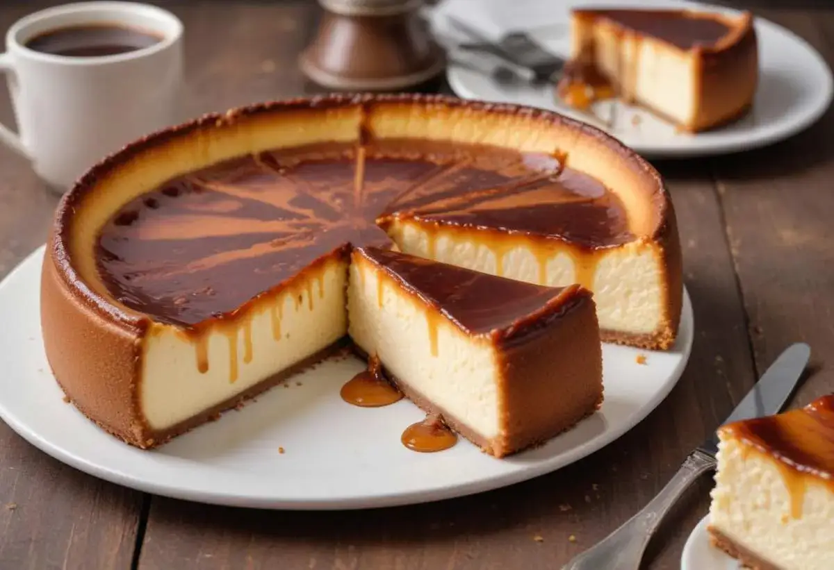 Pyszny, karmelowy basque cheesecake z polewą i kroplami sosu. Idealny deser do kawy.