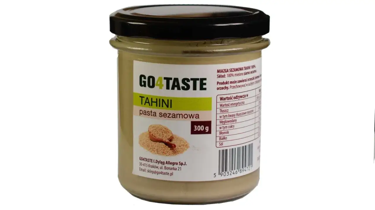 Słoik pasty sezamowej GO4TASTE. Tahini to 100% mielonego ziarna sezamu, idealne do hummusu i sosów.