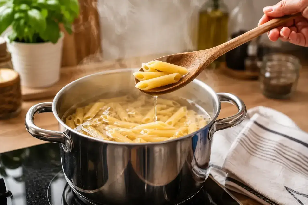 Gotowy przepis na makaron: penne gotuje się w garnku, a drewniana łyżka wyciąga porcję z wrzątku.
