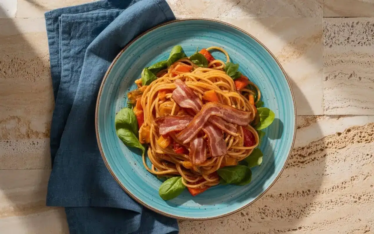 Pyszny makaron spaghetti z chrupiącym boczkiem i świeżymi warzywami na turkusowym talerzu.