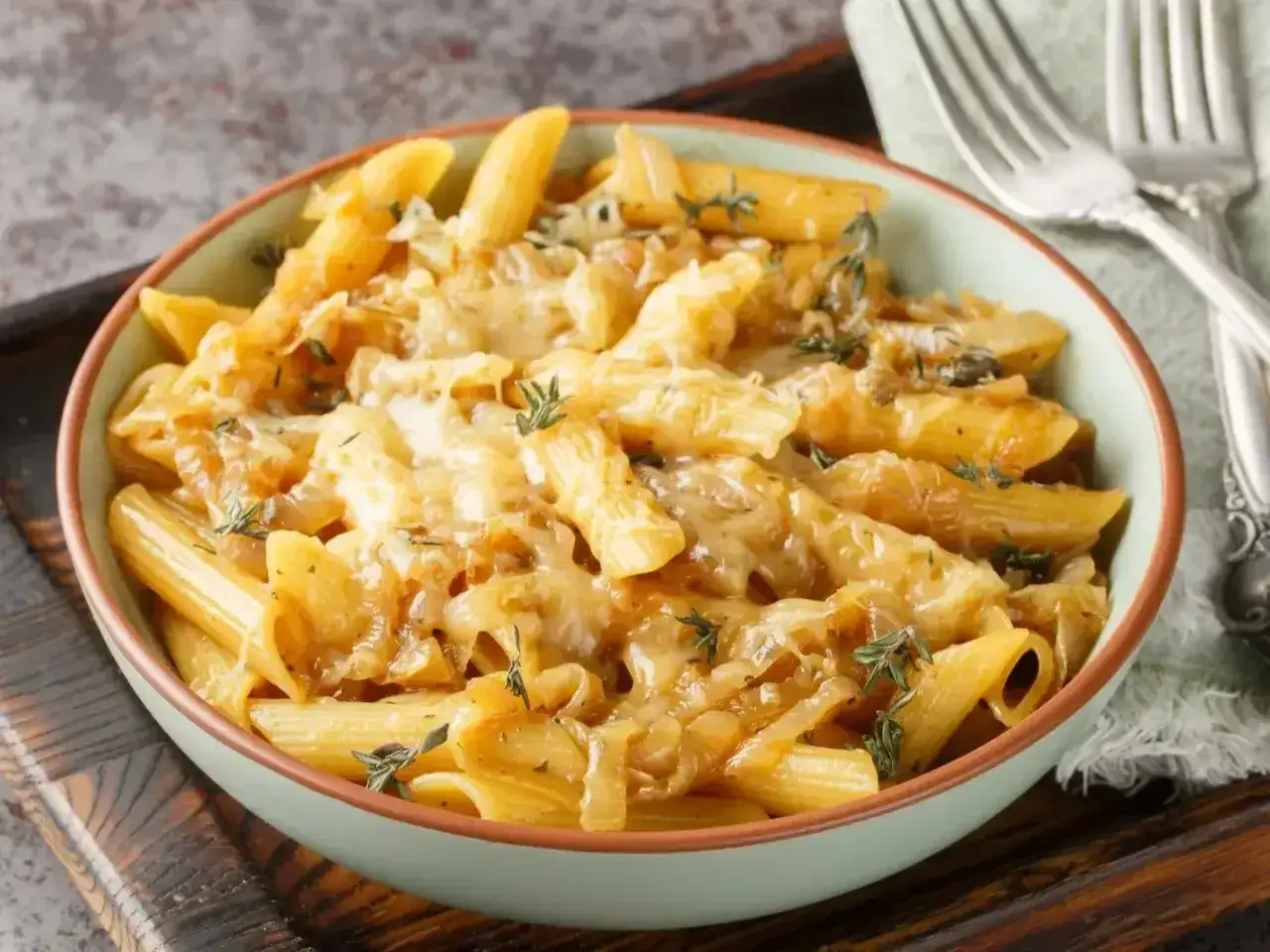 Pyszny makaron penne zapiekany z serem i ziołami, podany w misce na drewnianej desce.