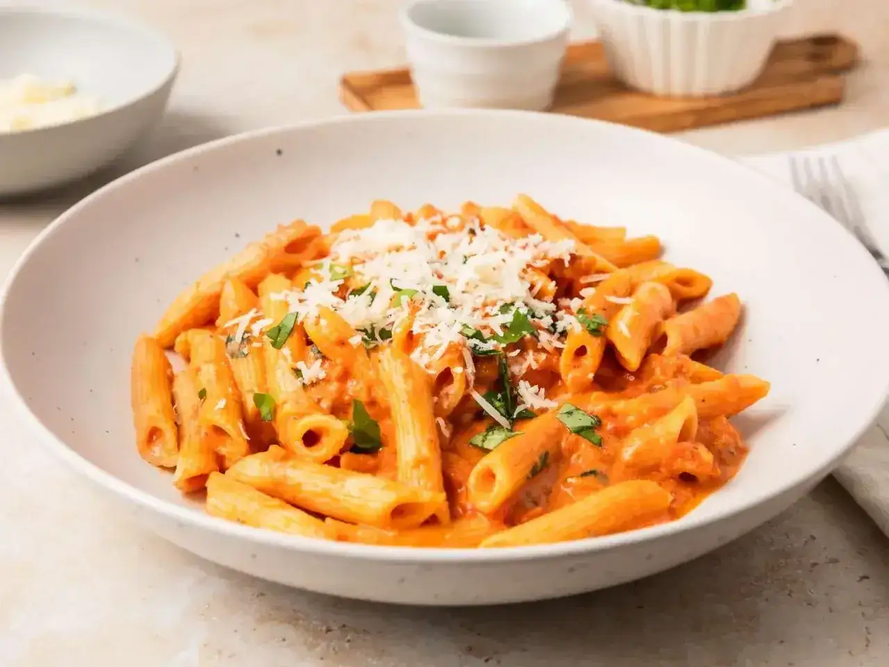 Penne alla vodka w kremowym sosie pomidorowym, posypane parmezanem i świeżą bazylią.