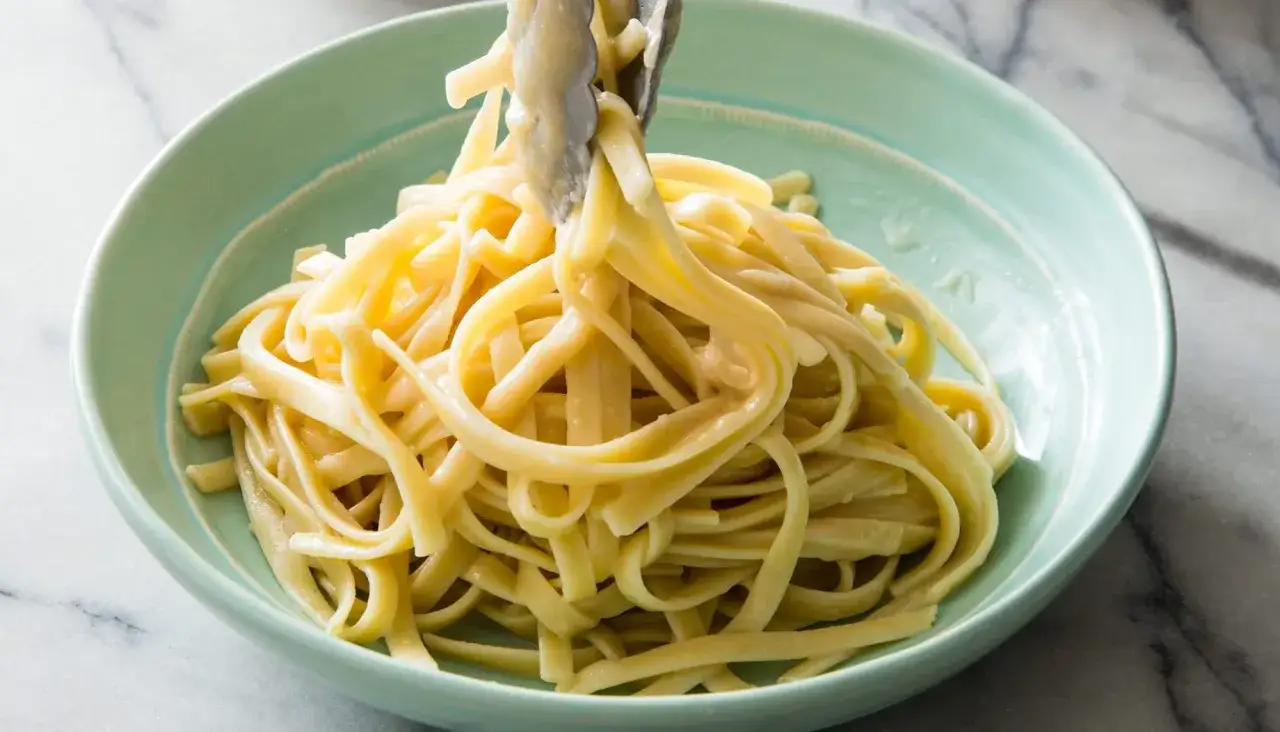 Kremowe fettuccine alfredo w turkusowej misce, podawane szczypcami. Pyszny makaron z bogatym sosem.