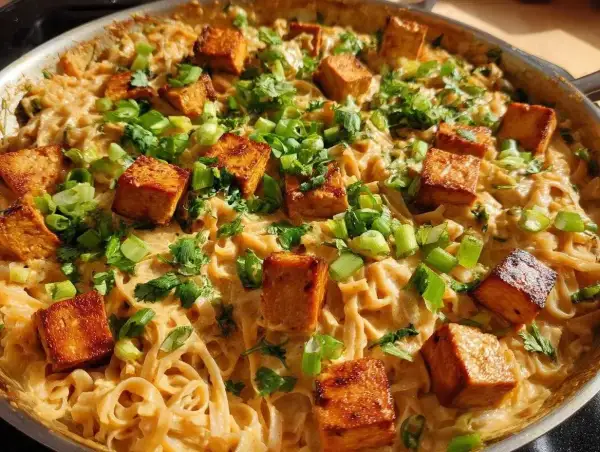 Pyszny makaron z tofu w kremowym sosie, posypany szczypiorkiem i kolendrą. Danie wygląda apetycznie i sycąco.