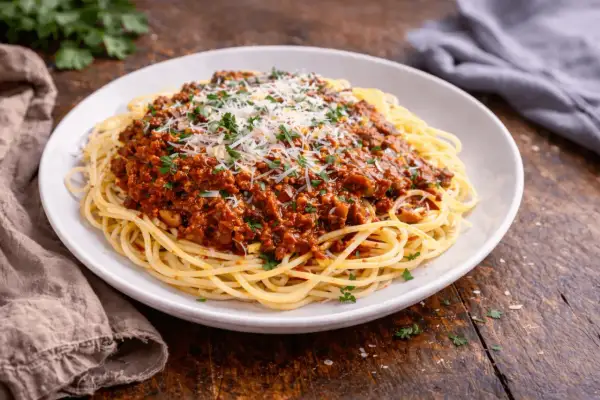 Pyszne makaron spaghetti z bogatym sosem bolońskim, posypane parmezanem i natką pietruszki.